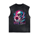 Camiseta sin mangas con estampado floral y bordes deshilachados