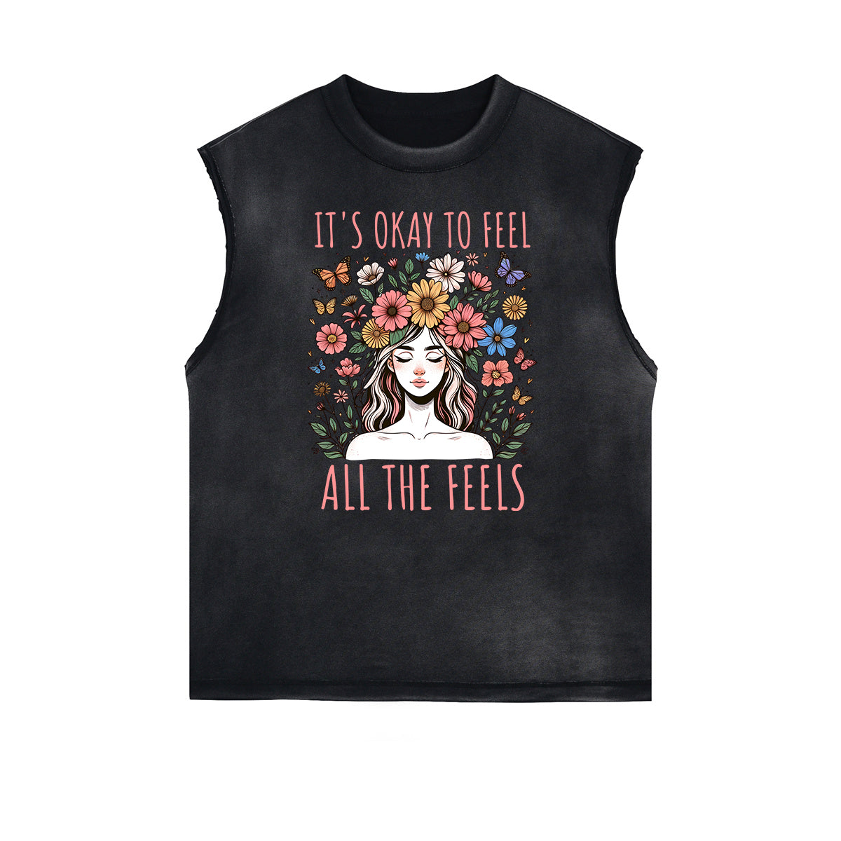 Camiseta sin mangas con estampado floral y bordes deshilachados