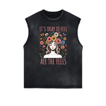 Camiseta sin mangas con estampado floral y bordes deshilachados