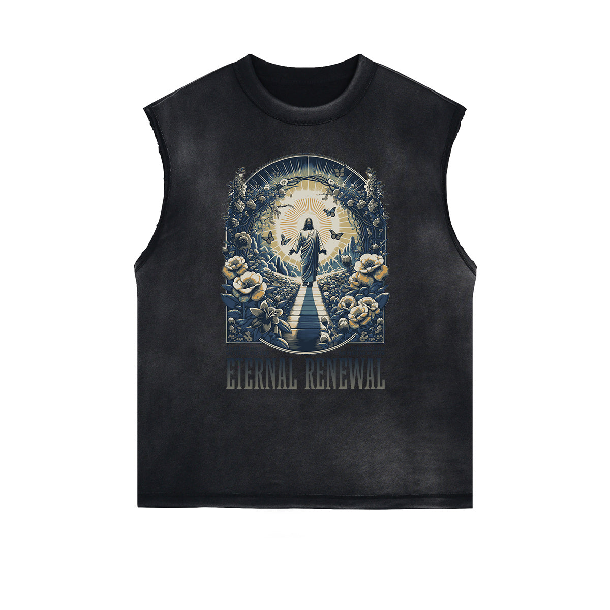 Camiseta sin mangas con estampado floral y bordes deshilachados