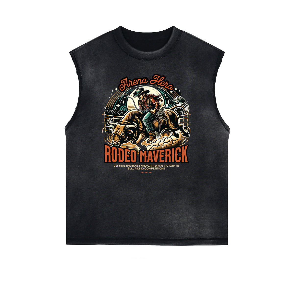 Camiseta sin mangas con gráficos retro revival y bordes deshilachados