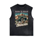 Camiseta sin mangas con gráficos retro revival y bordes deshilachados