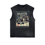 Camiseta sin mangas con gráficos retro revival y bordes deshilachados
