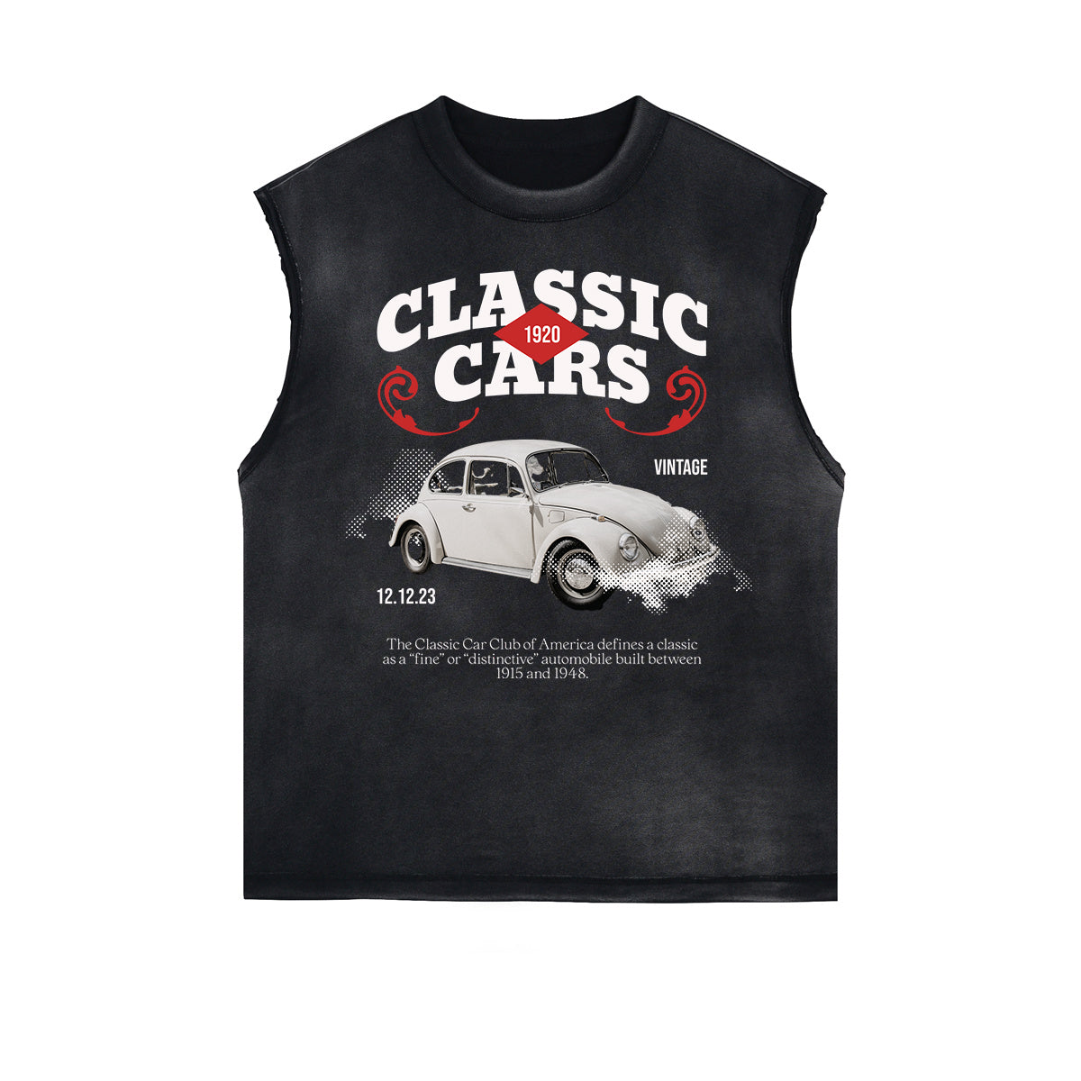 Camiseta sin mangas con gráficos retro revival y bordes deshilachados