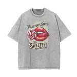 Stone Wash Red Lips Pattern T Shirt
