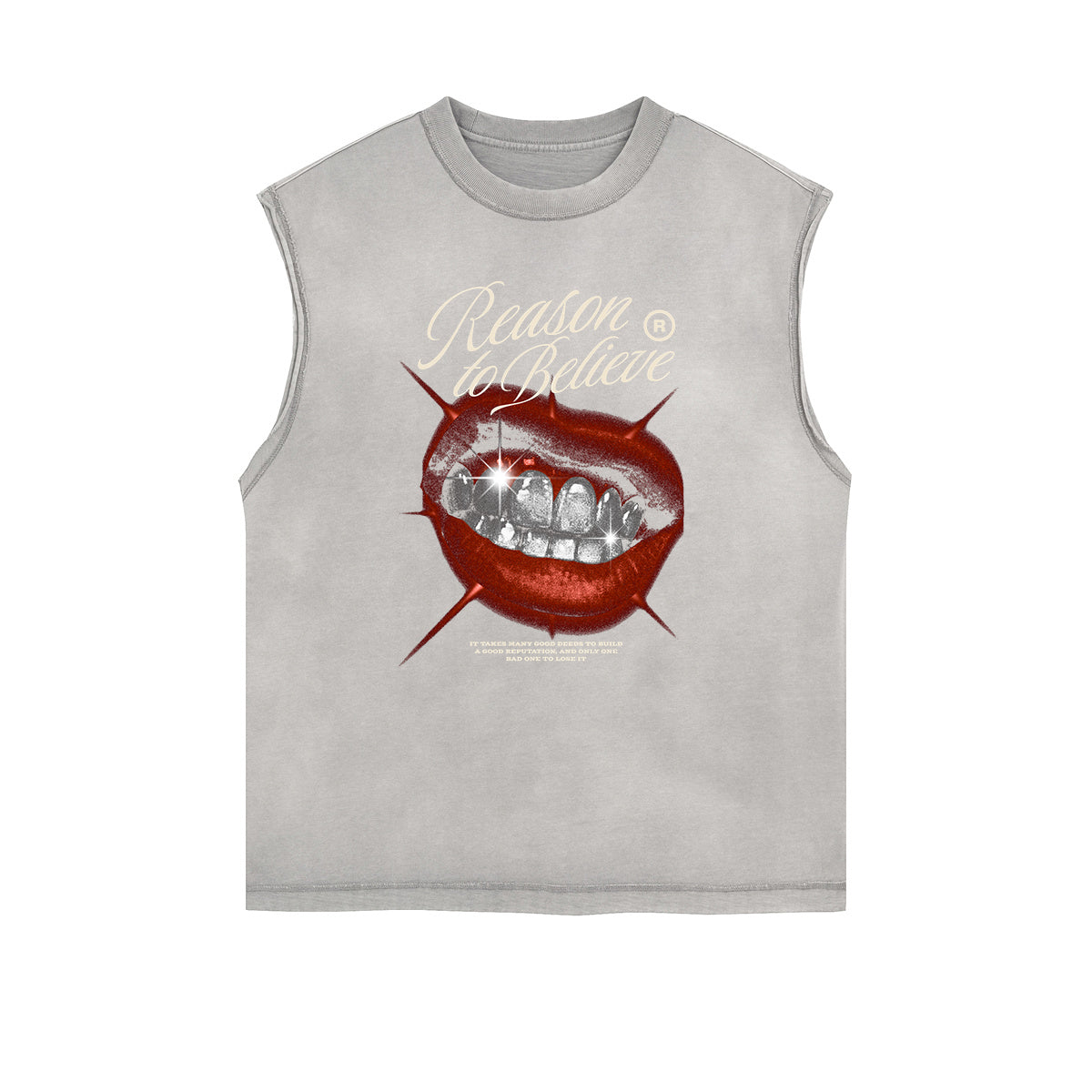Camiseta sin mangas desgastada con estampado de labios rojos
