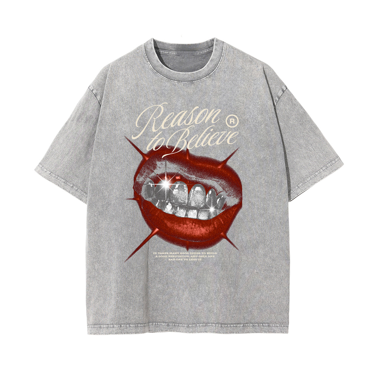 Stone Wash Red Lips Pattern T Shirt