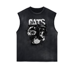 Distressed Sleeveless Cat Pattern Tee
