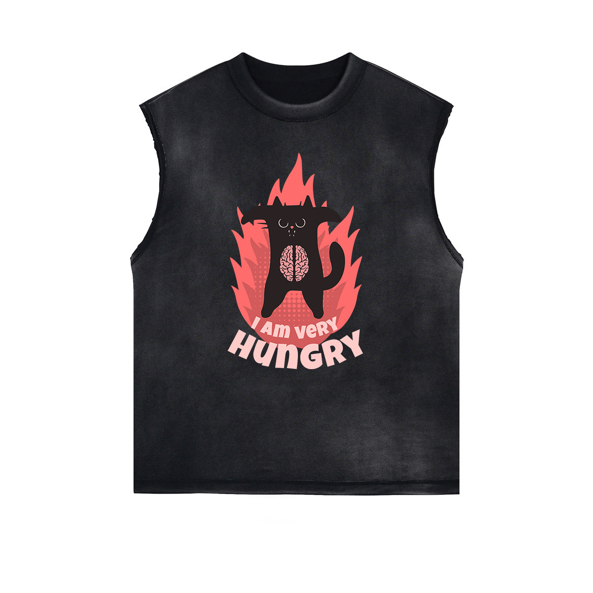 Distressed Sleeveless Cat Pattern Tee