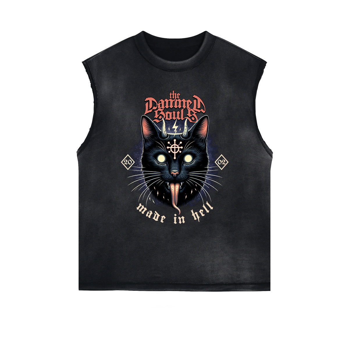 Distressed Sleeveless Cat Pattern Tee