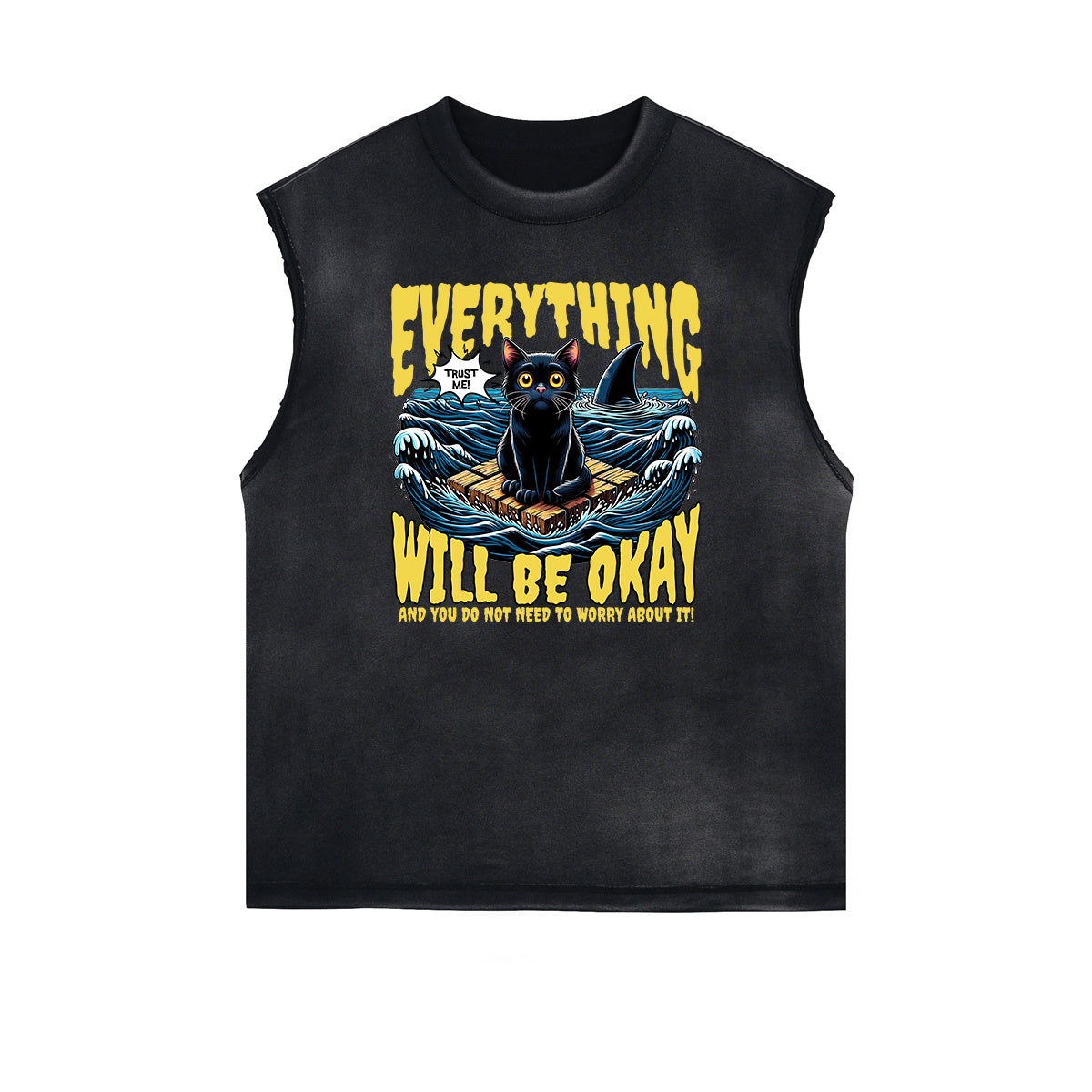 Distressed Sleeveless Cat Pattern Tee