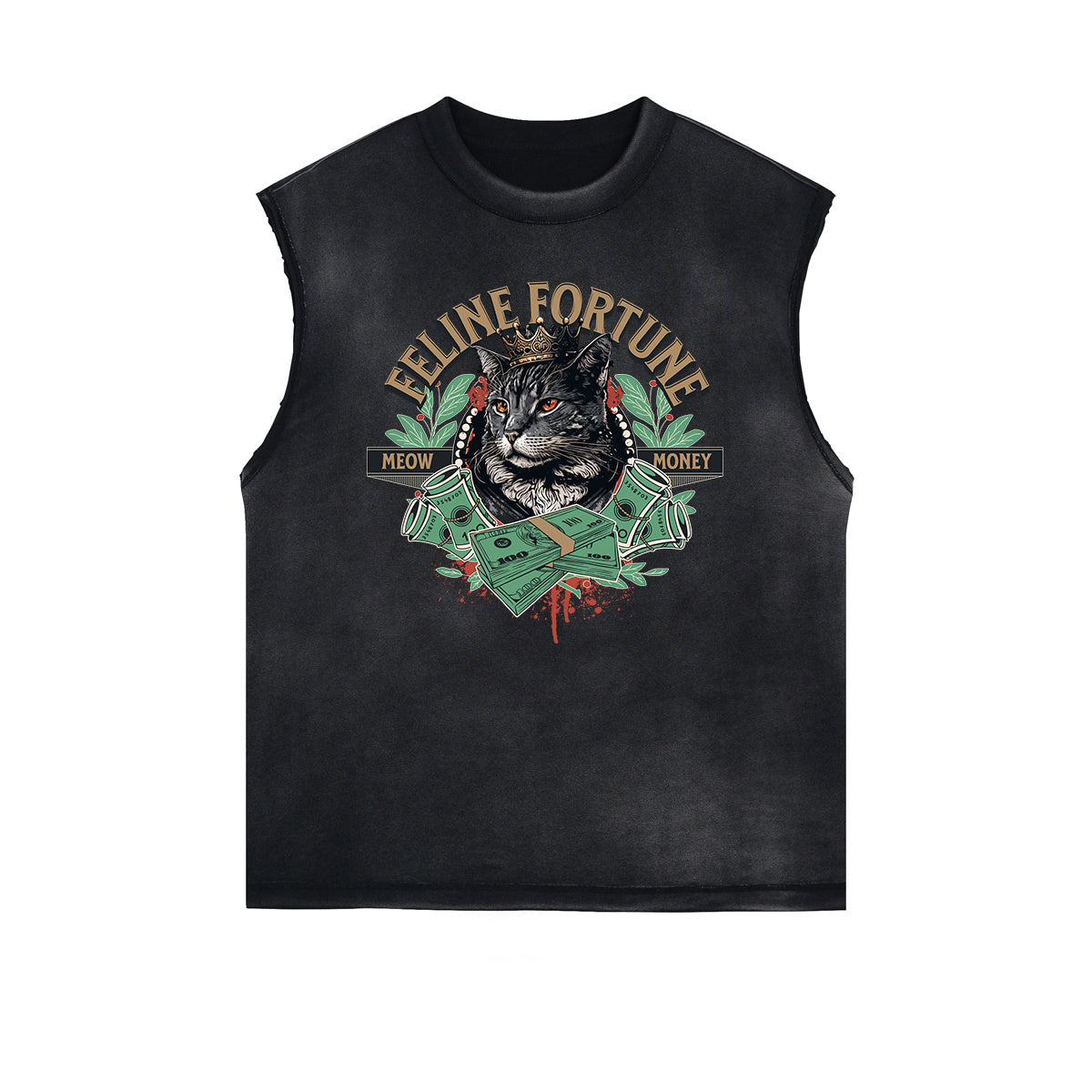 Distressed Sleeveless Cat Pattern Tee