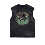 Distressed Sleeveless Cat Pattern Tee