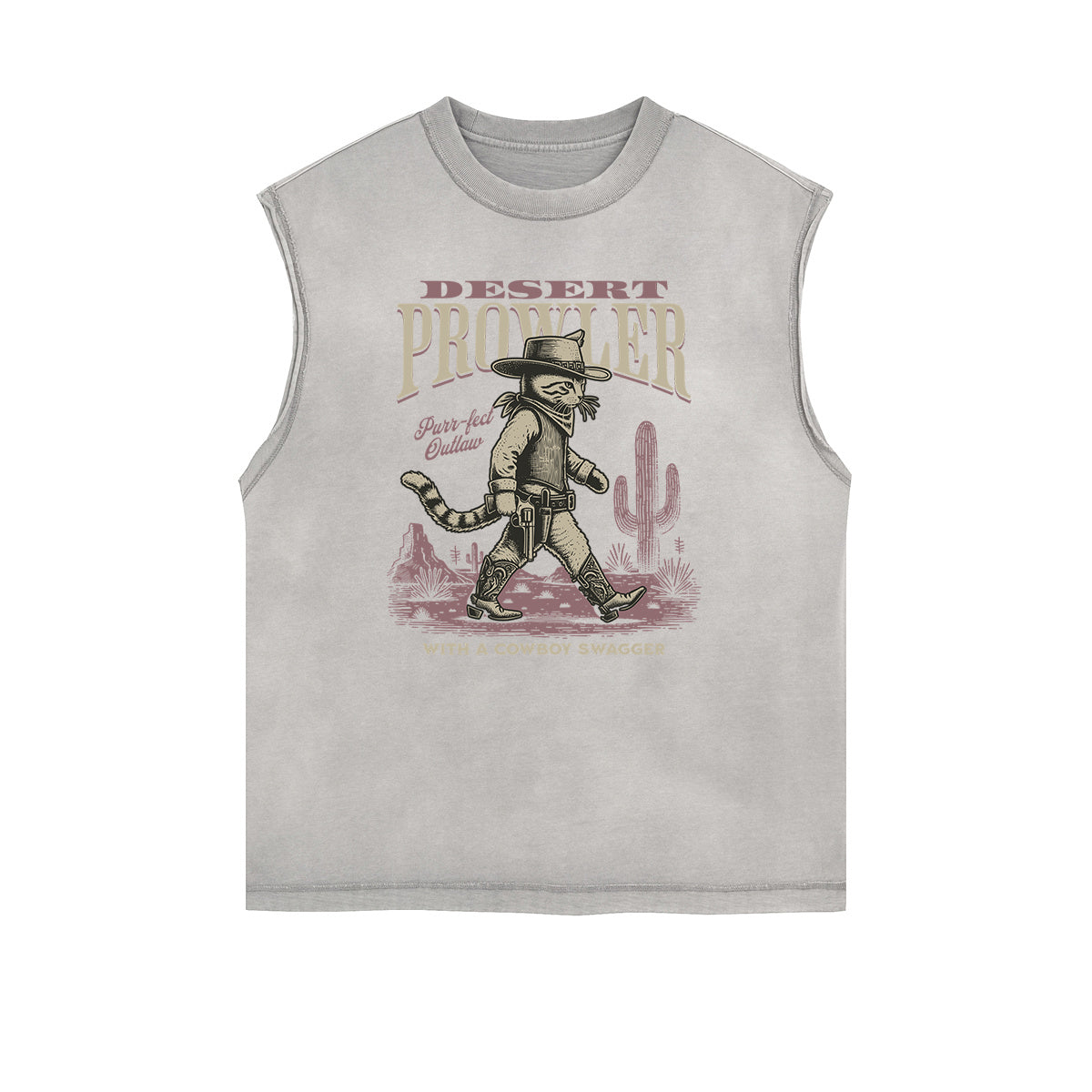 Camiseta sin mangas con gráfico de gato y bordes deshilachados