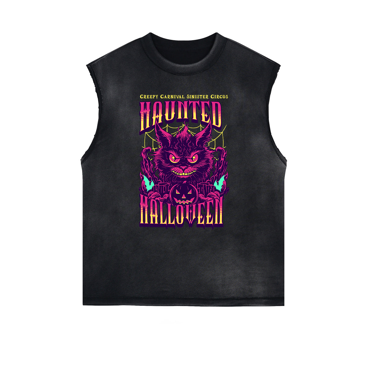 Distressed Sleeveless Cat Pattern Tee
