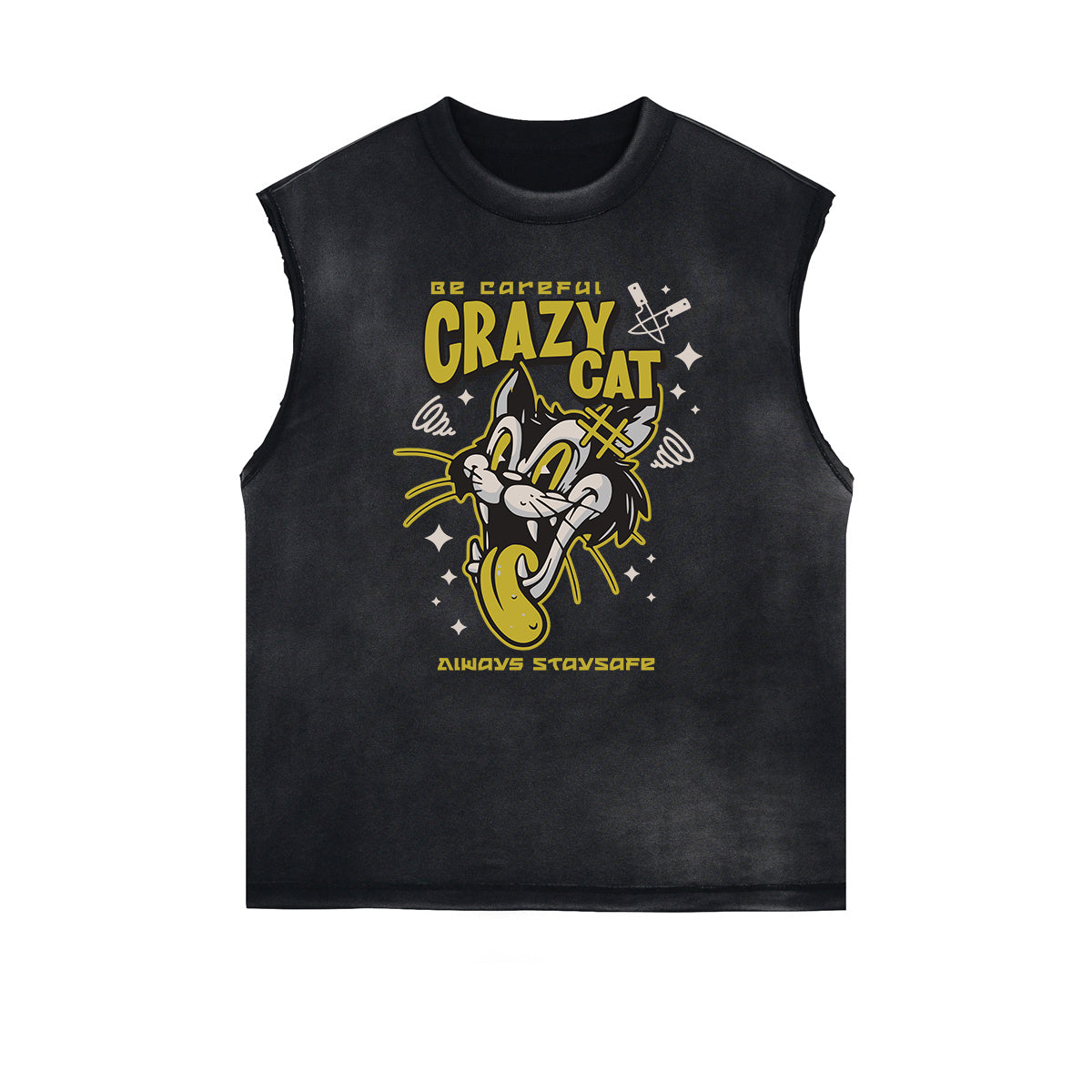 Distressed Sleeveless Cat Pattern Tee