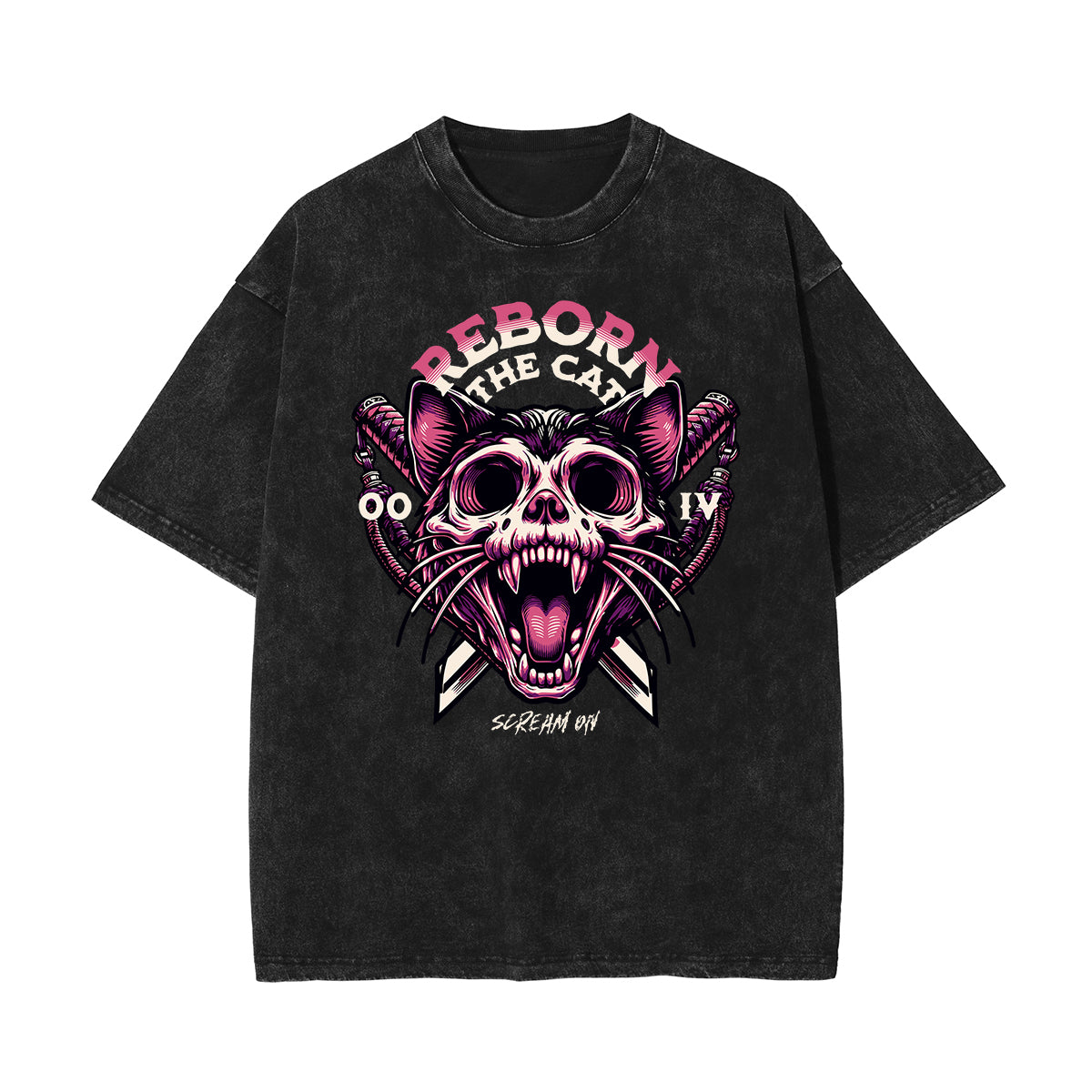 Camiseta con estampado de gato lavado a la piedra