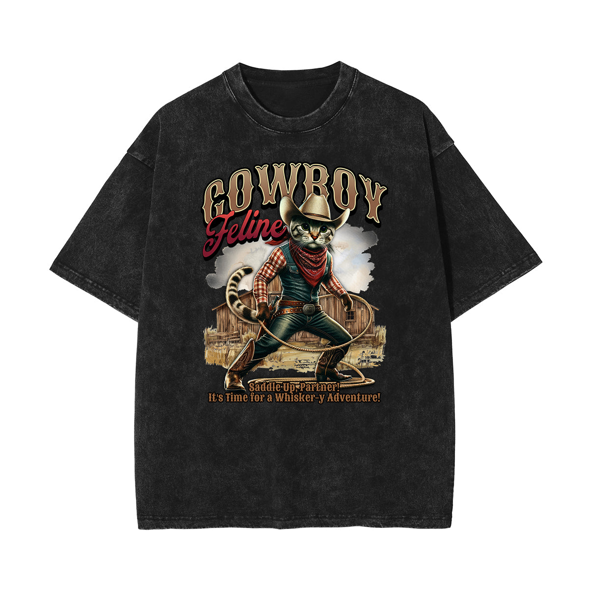 Camiseta con estampado de gato lavado a la piedra