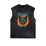 Distressed Sleeveless Cat Pattern Tee
