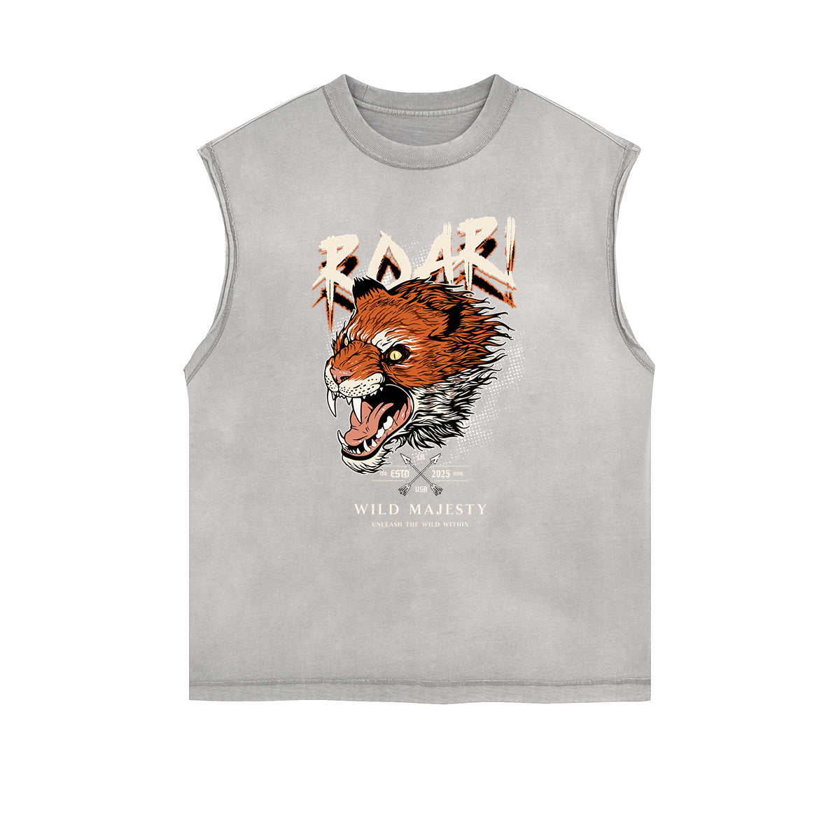 Camiseta sin mangas con gráfico de tigre y bordes deshilachados
