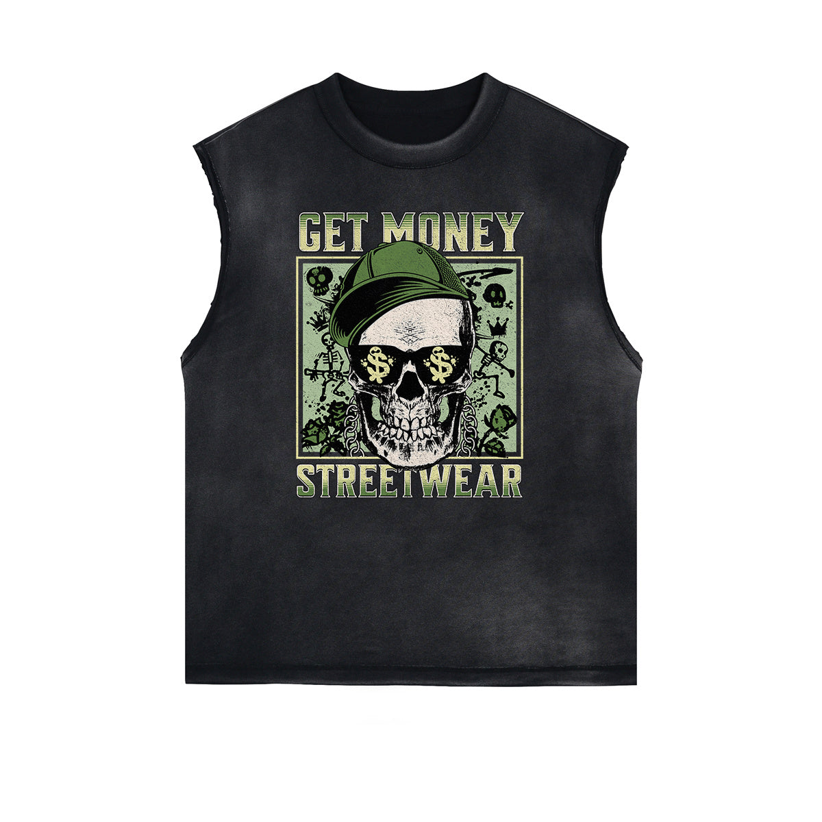 Camiseta sin mangas con gráfico de calavera y dinero con bordes deshilachados