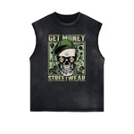 Camiseta sin mangas con gráfico de calavera y dinero con bordes deshilachados