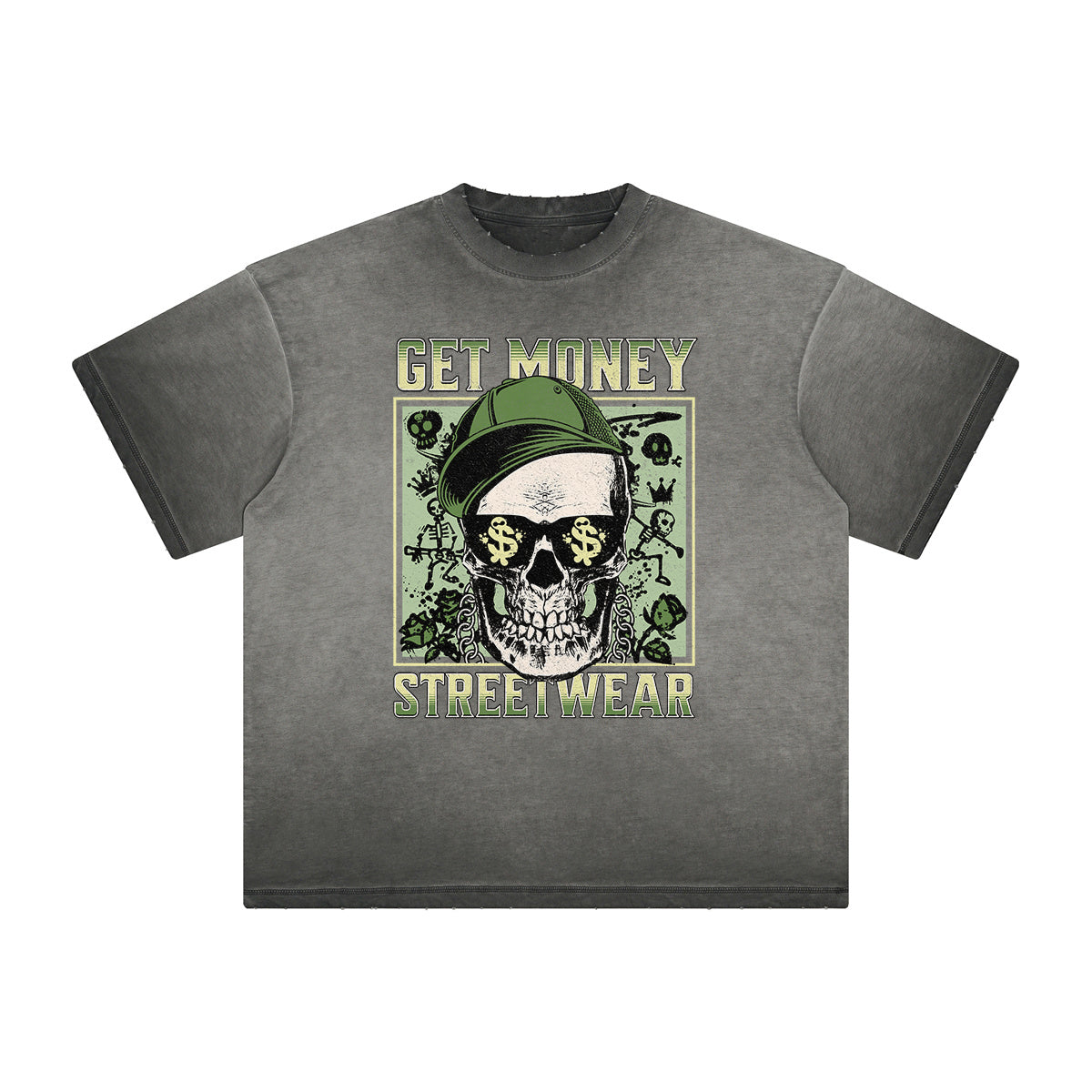 Thick Faded Skull & Money Graphic T Shirt