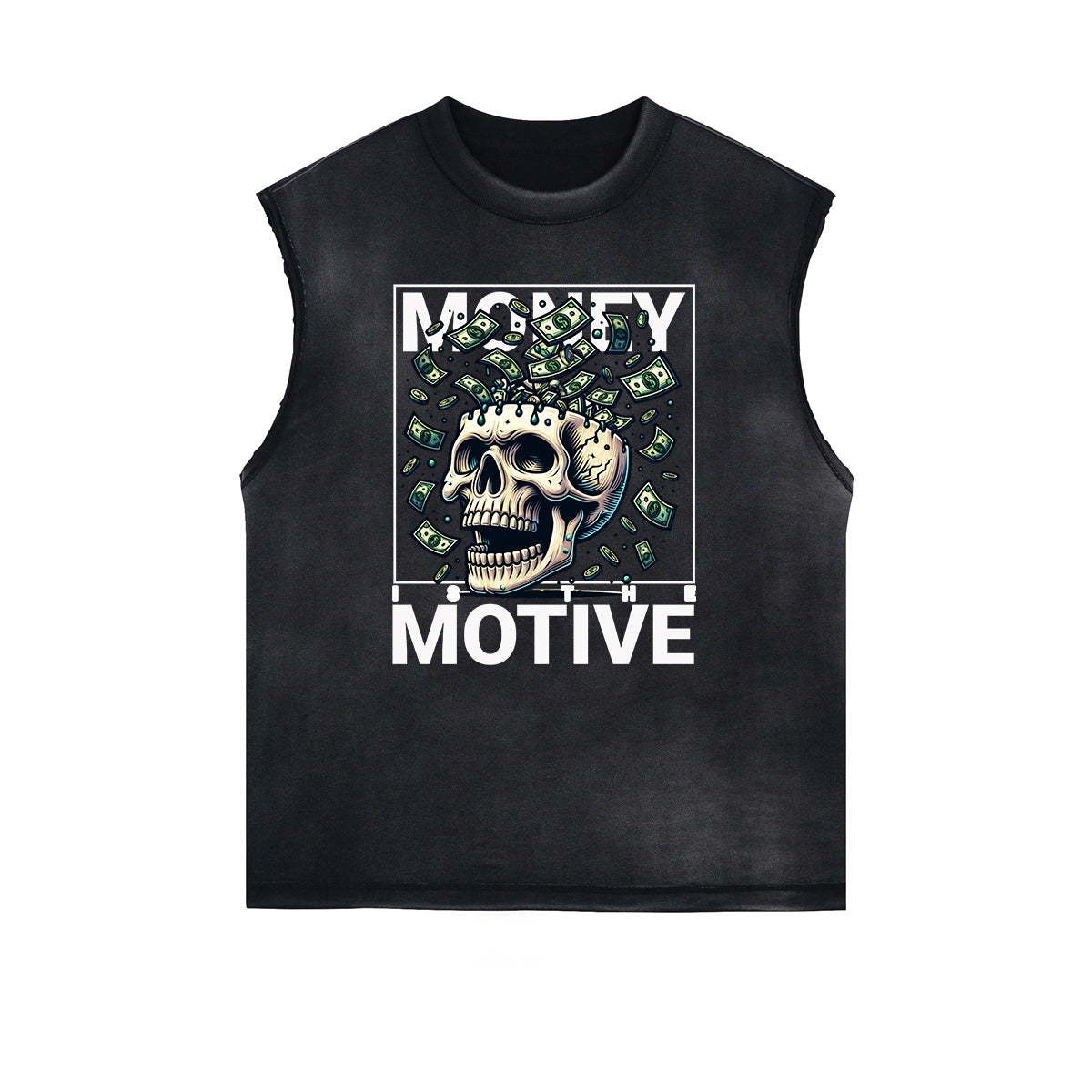 Camiseta sin mangas con gráfico de calavera y dinero con bordes deshilachados