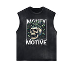 Camiseta sin mangas con gráfico de calavera y dinero con bordes deshilachados
