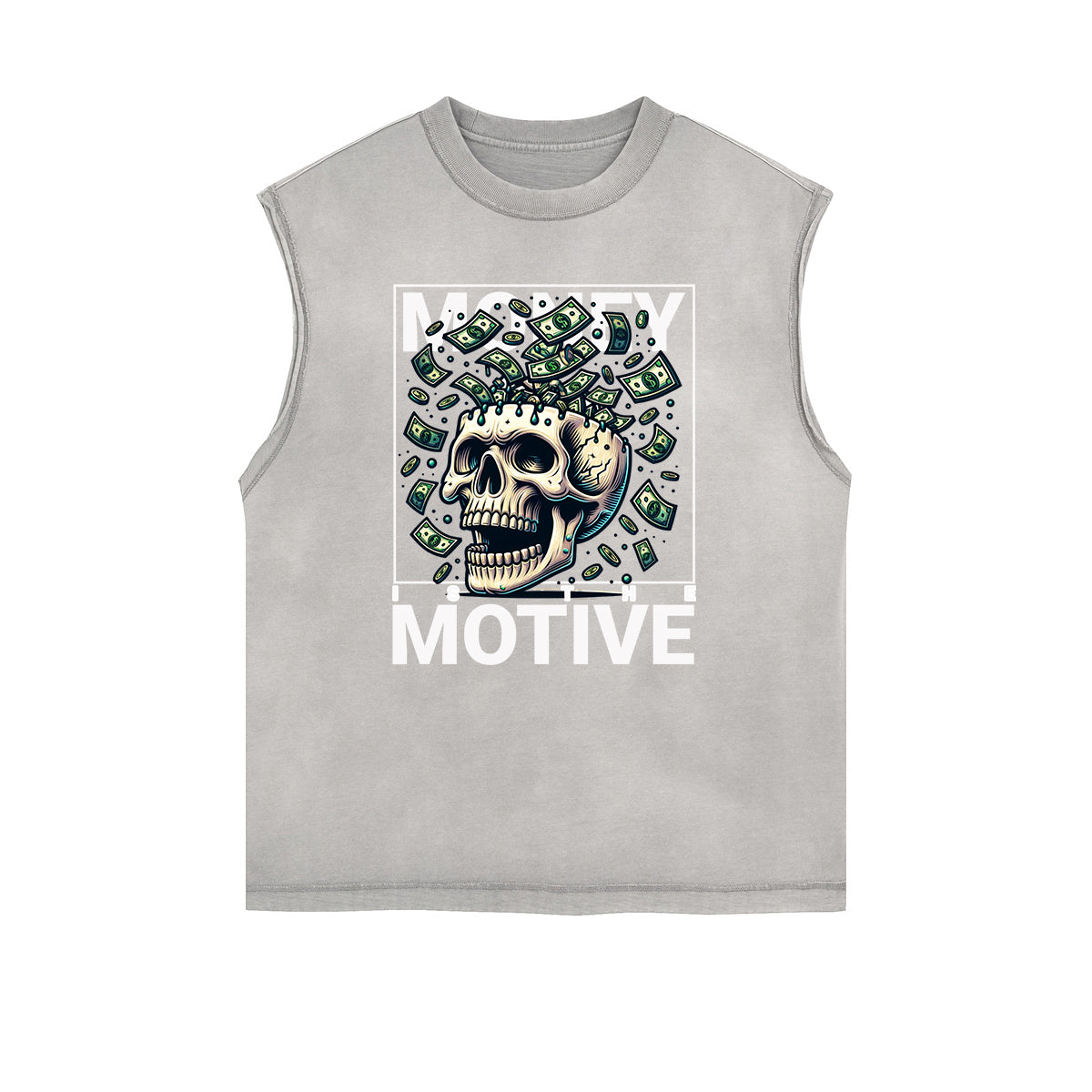 Distressed Sleeveless Skull & Money Pattern Tee