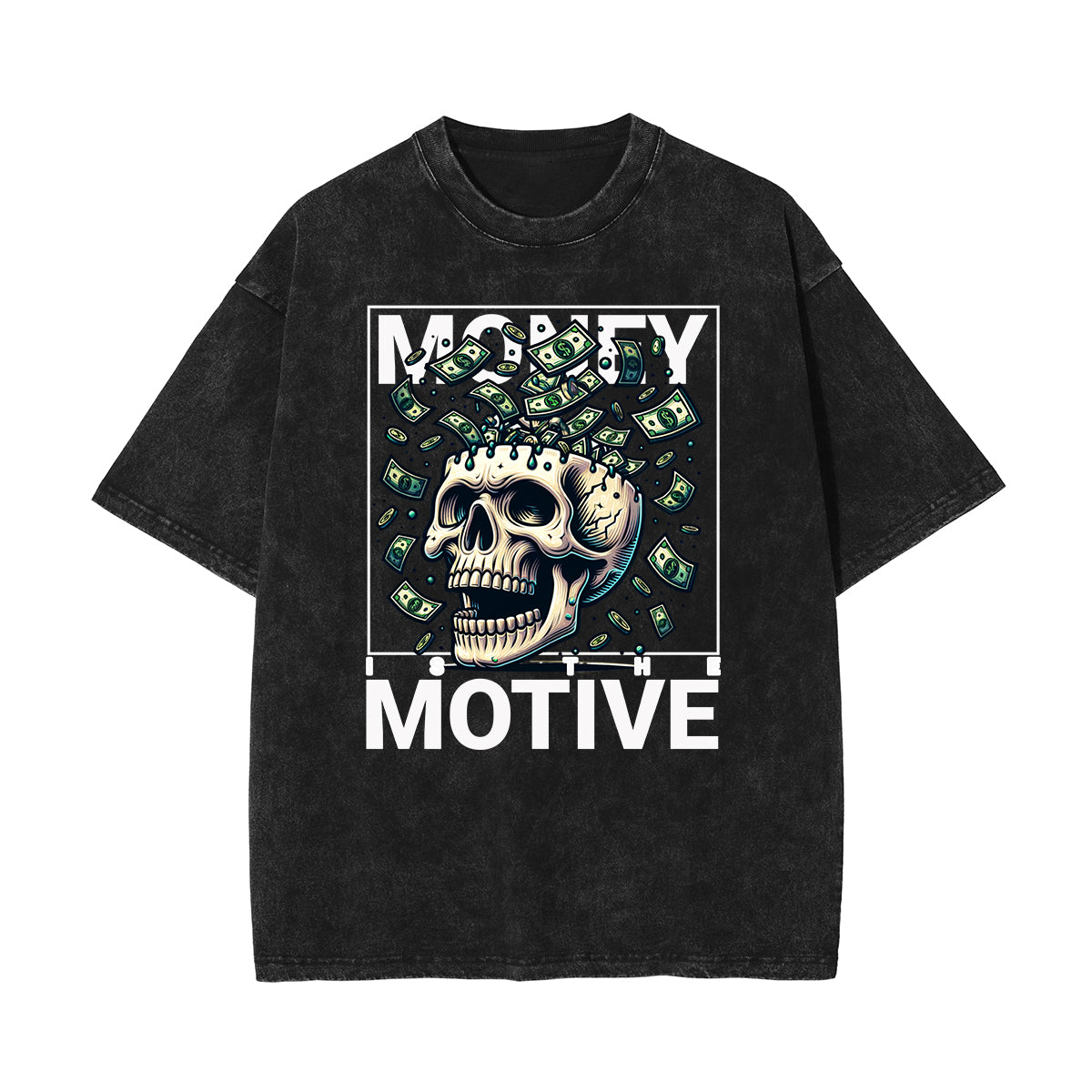 Stone Wash Skull & Money Pattern T Shirt