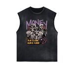 Camiseta sin mangas con gráfico de calavera y dinero con bordes deshilachados