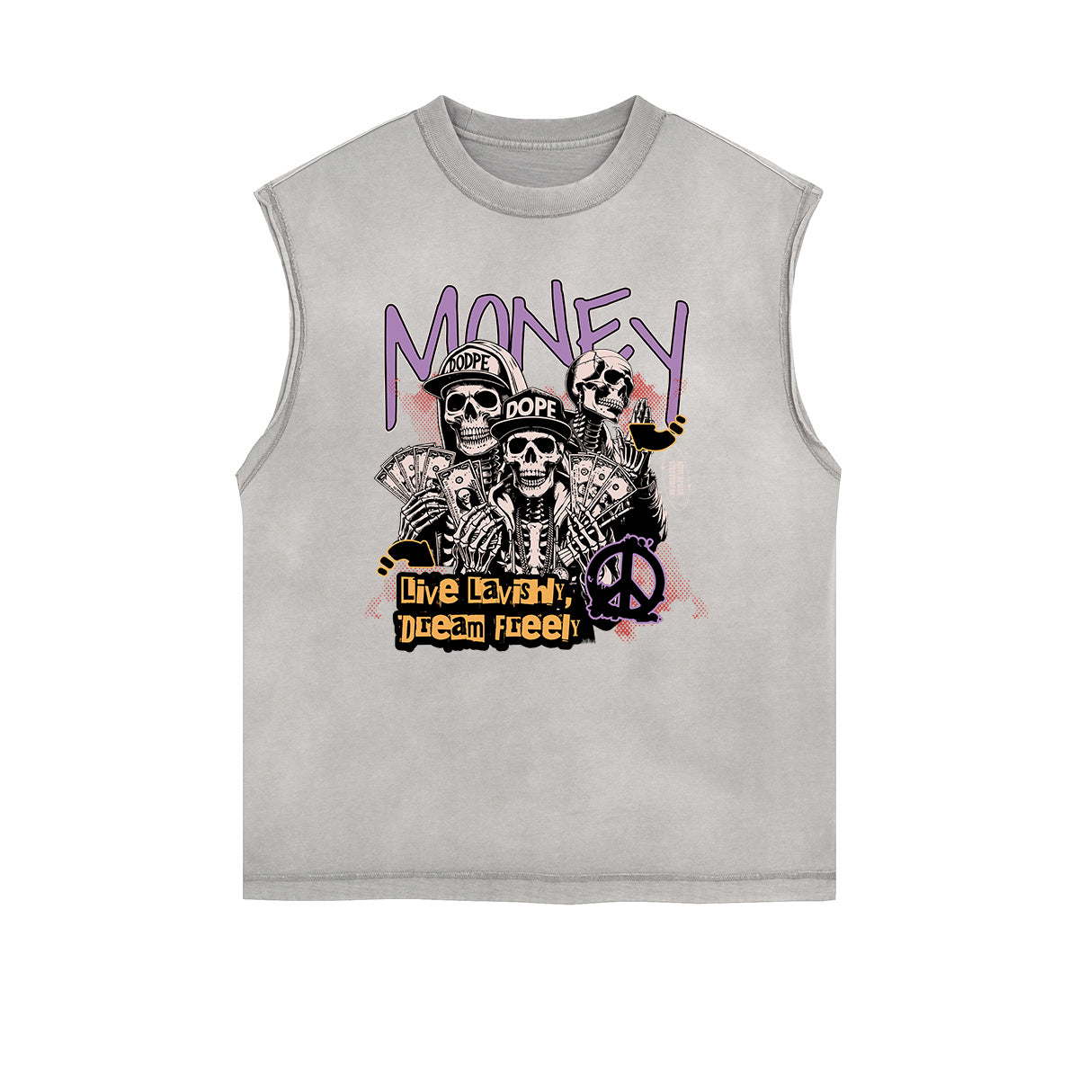 Distressed Sleeveless Skull & Money Pattern Tee