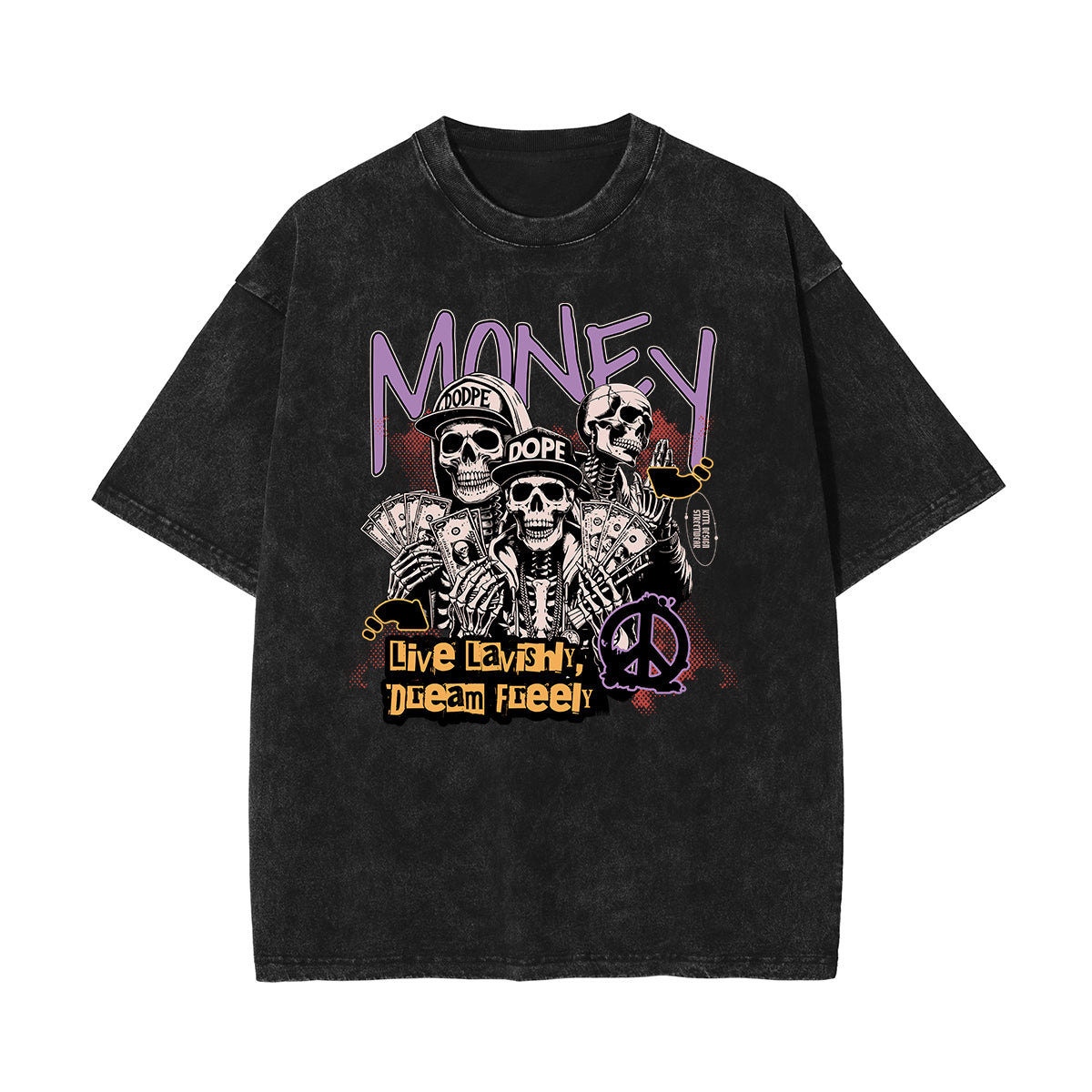 Stone Wash Skull & Money Pattern T Shirt