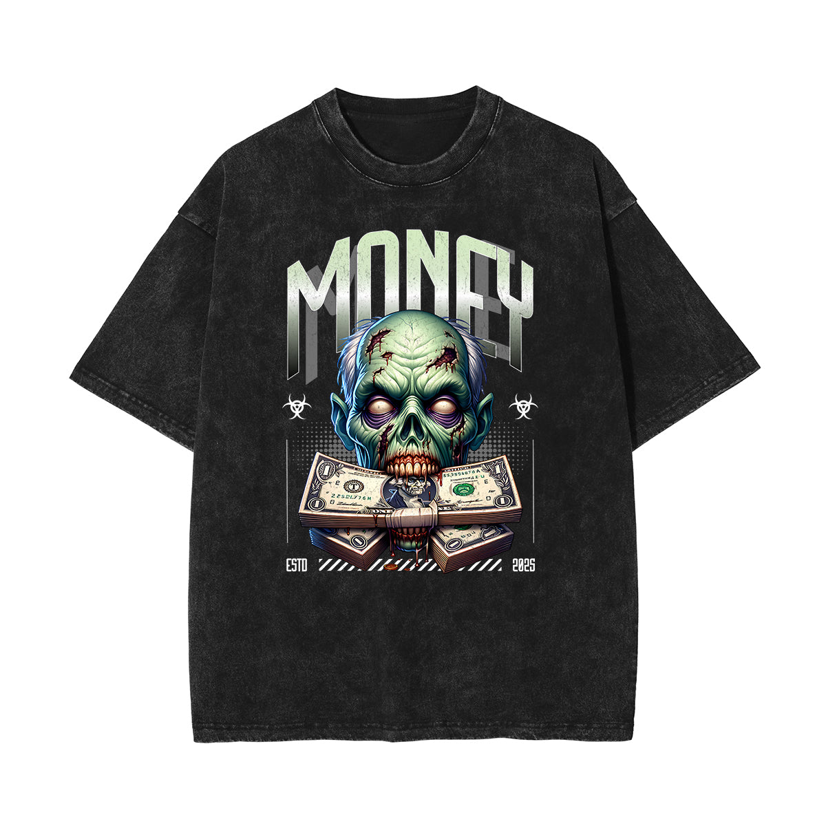 Stone Wash Skull & Money Pattern T Shirt
