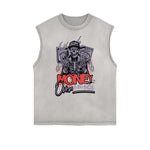 Distressed Sleeveless Skull & Money Pattern Tee