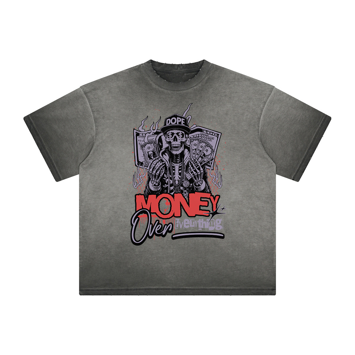 Thick Faded Skull & Money Graphic T Shirt