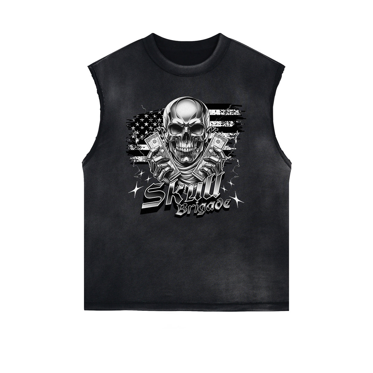 Camiseta sin mangas con gráfico de calavera y dinero con bordes deshilachados
