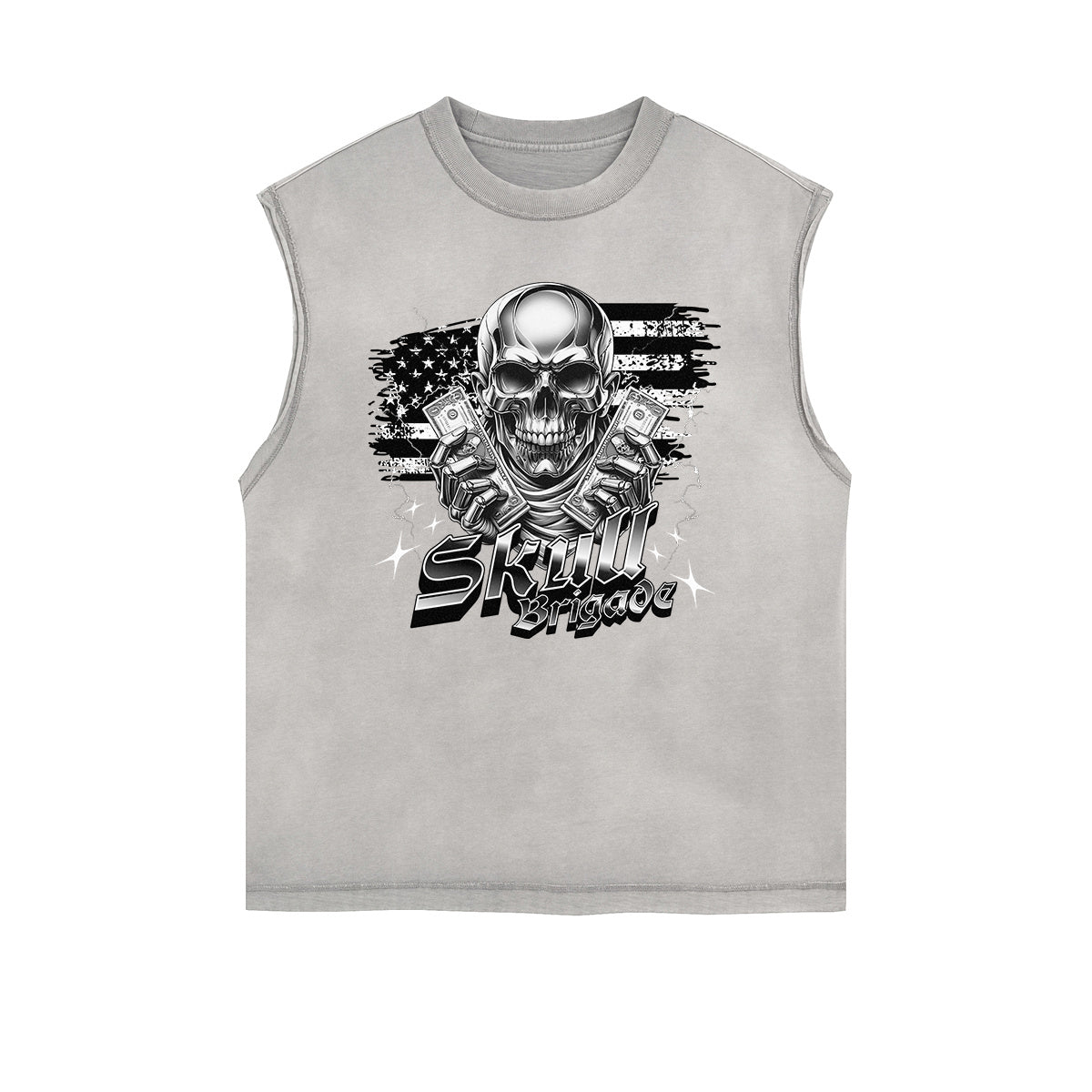 Distressed Sleeveless Skull & Money Pattern Tee
