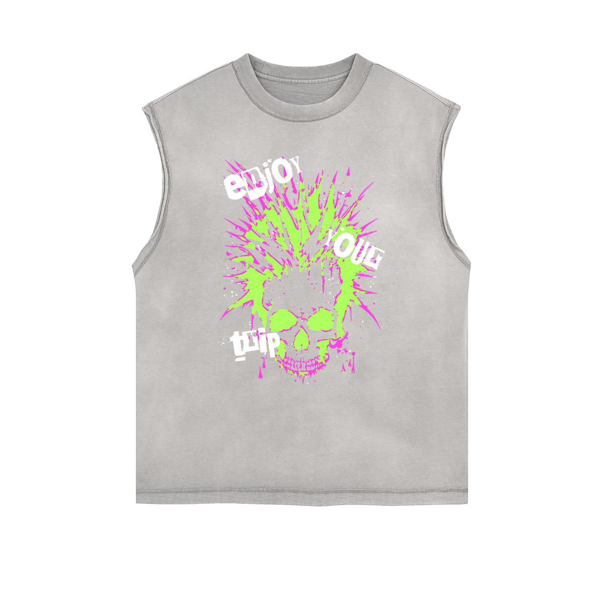 Distressed Sleeveless Skull & Money Pattern Tee