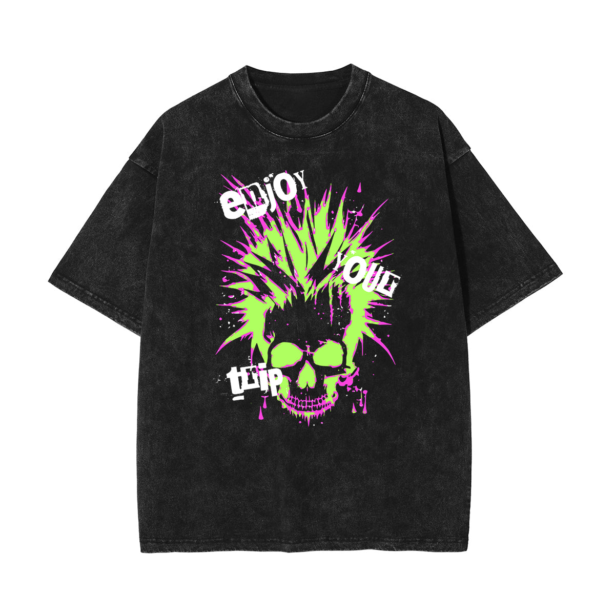 Stone Wash Skull & Money Pattern T Shirt