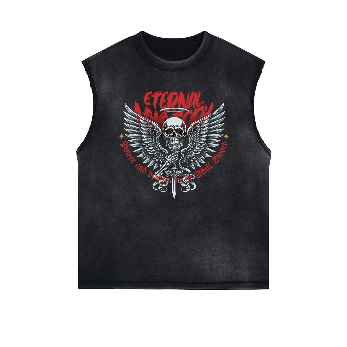 Camiseta sin mangas con gráfico de calavera y dinero con bordes deshilachados