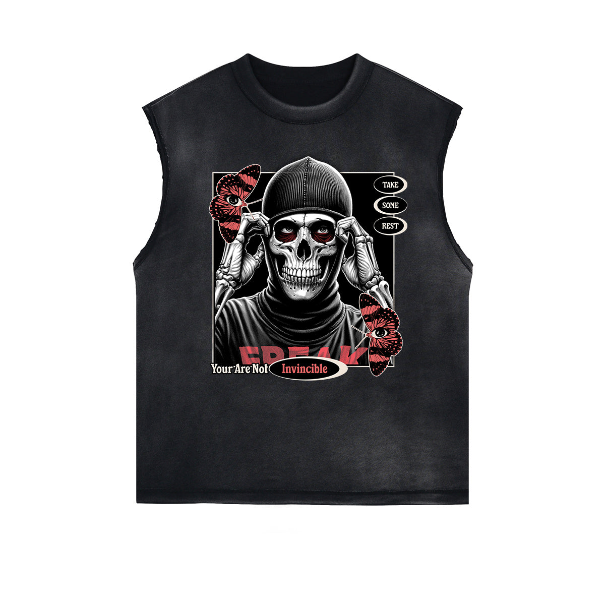 Camiseta sin mangas con gráfico de calavera y dinero con bordes deshilachados