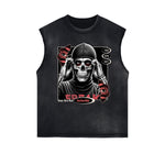 Camiseta sin mangas con gráfico de calavera y dinero con bordes deshilachados