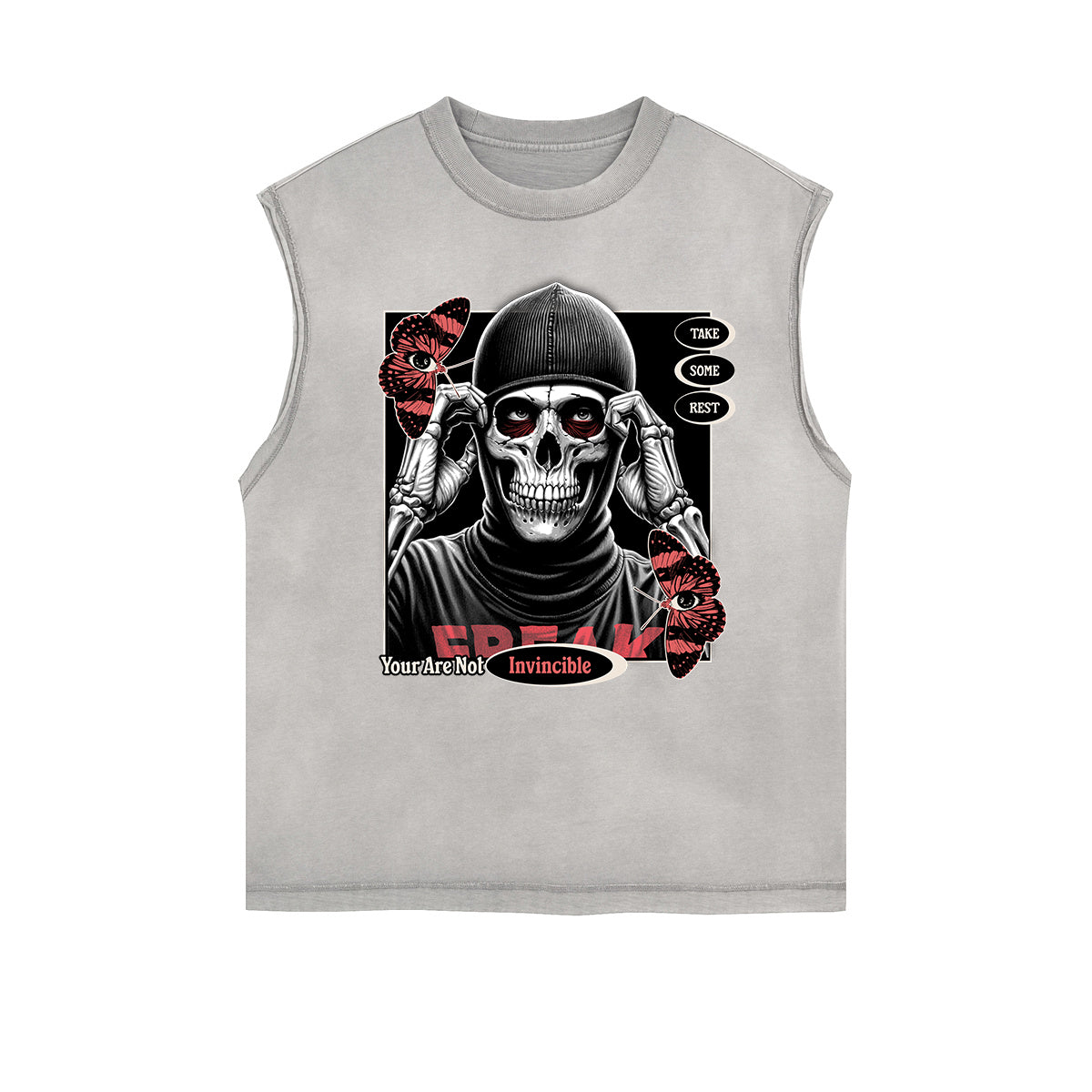 Distressed Sleeveless Skull & Money Pattern Tee
