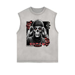 Distressed Sleeveless Skull & Money Pattern Tee