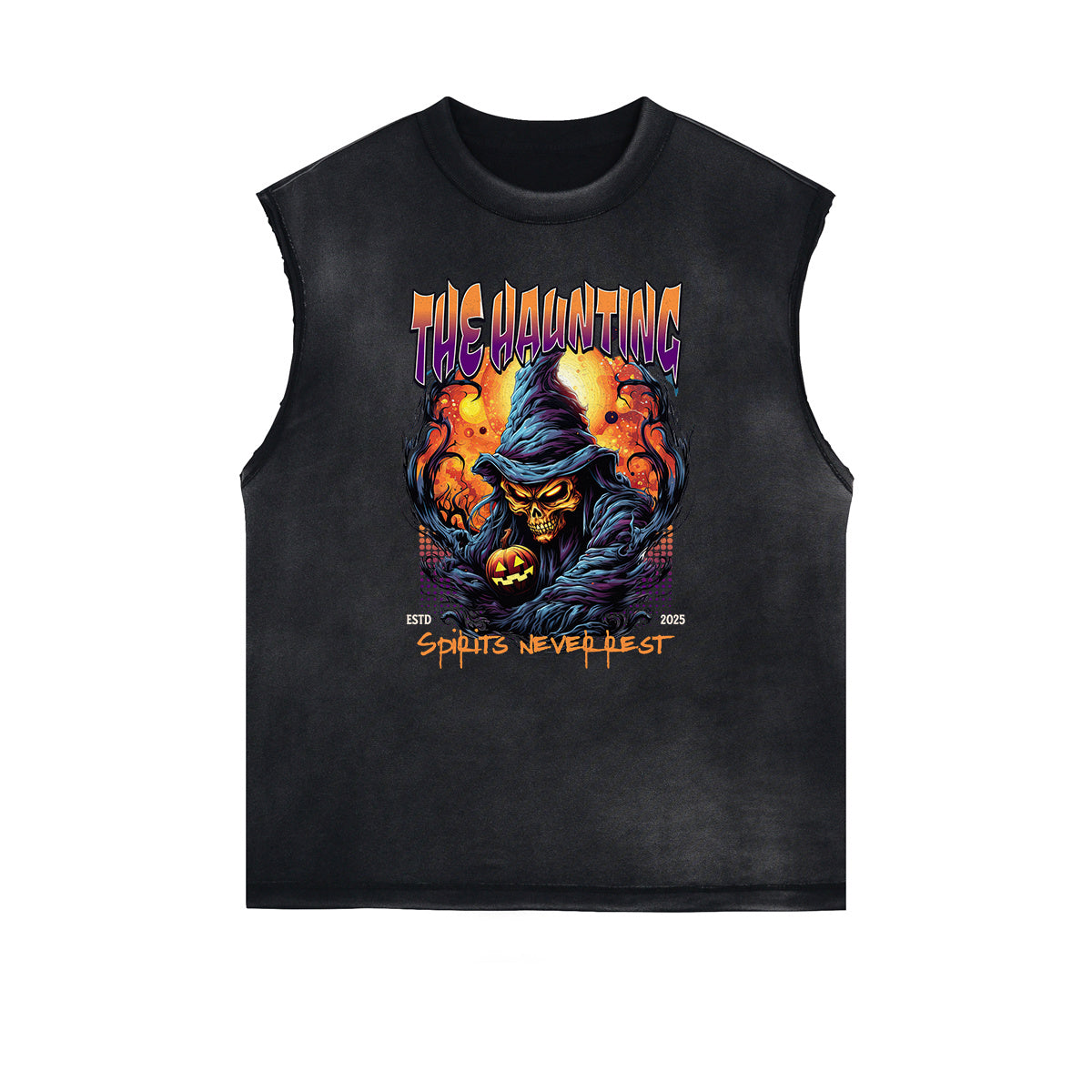 Camiseta sin mangas con gráfico gótico y bordes deshilachados