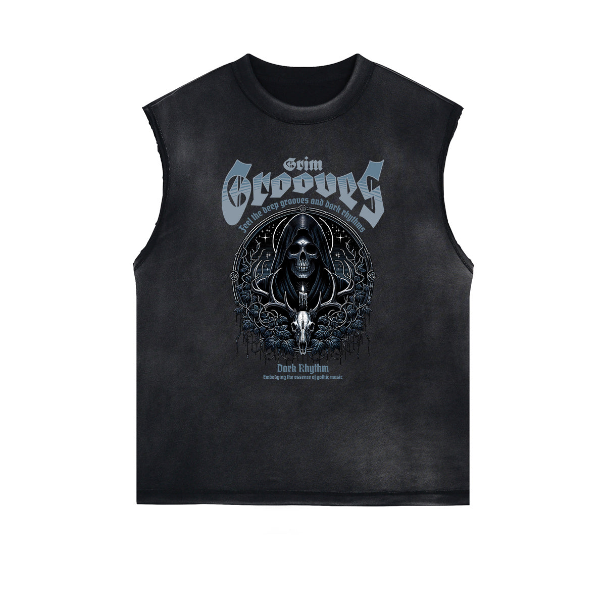 Camiseta sin mangas con gráfico gótico y bordes deshilachados