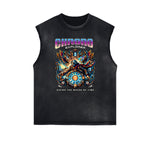 Camiseta sin mangas con gráfico de monstruo alado con bordes deshilachados