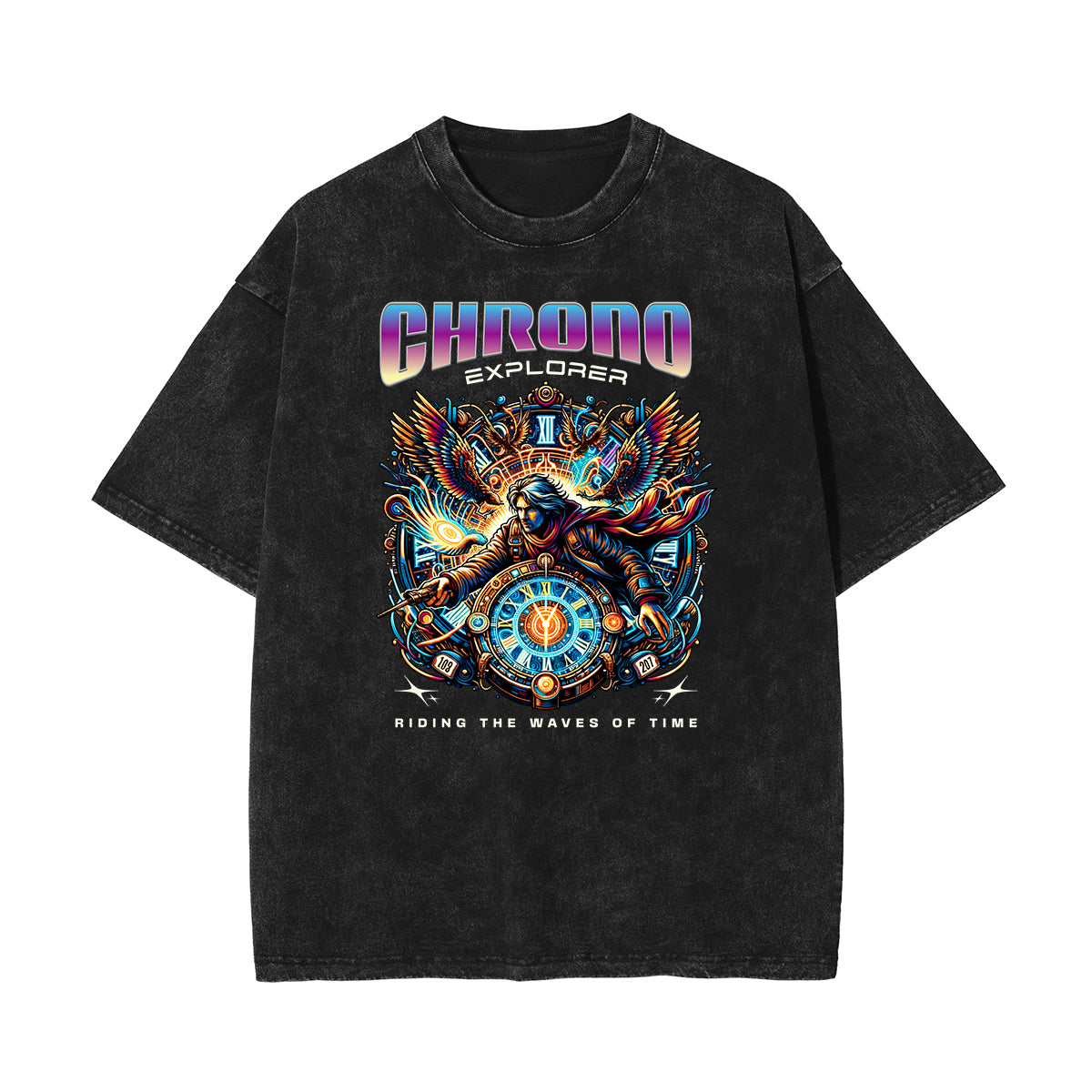 Stone Wash Winged Monster Pattern T Shirt